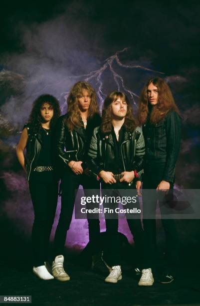 Photo of Cliff BURTON and METALLICA and Lars ULRICH and Kirk HAMMETT and James HETFIELD; L-R: Cliff Burton, Lars Ulrich, James Hetfield, Kirk Hammett...