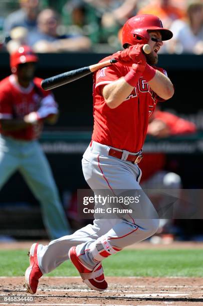 Cliff Pennington of the Los Angeles Angels bats against the Baltimore Orioles at Oriole Park at Camden Yards on August 20, 2017 in Baltimore,...