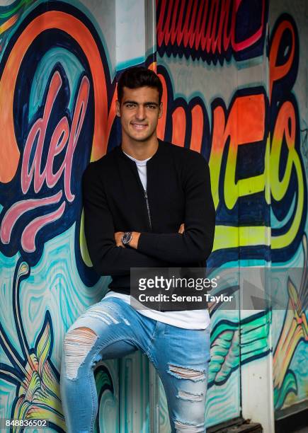 Newcastle Player Mikel Merino poses for photographs during a photoshoot at Latin themed cultural hub called Kommunity on September 11 in Newcastle...