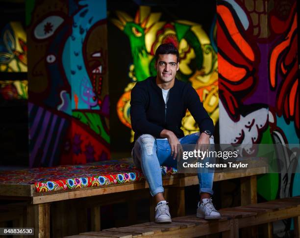 Newcastle Player Mikel Merino poses for photographs during a photoshoot at Latin themed cultural hub called Kommunity on September 11 in Newcastle...