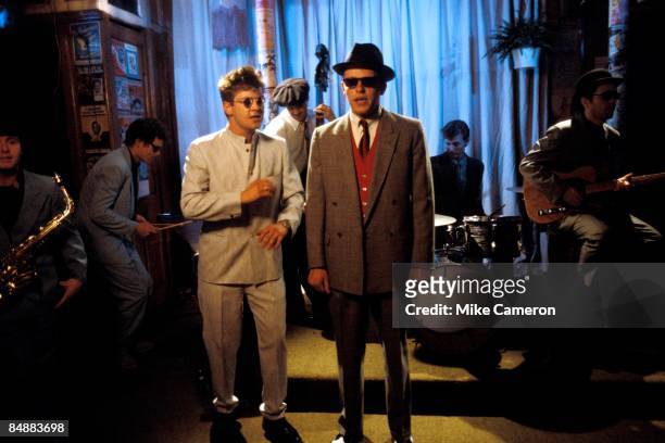 English ska band Madness in Camden filming the music video for 'One Better Day', London, UK, 1984; they are Suggs, Chris Foreman, Lee Thompson, Chas...