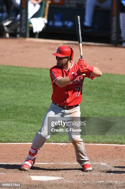 Cliff Pennington of the Los Angeles Angels bats against the Baltimore Orioles at Oriole Park at Camden Yards on August 20, 2017 in Baltimore,...