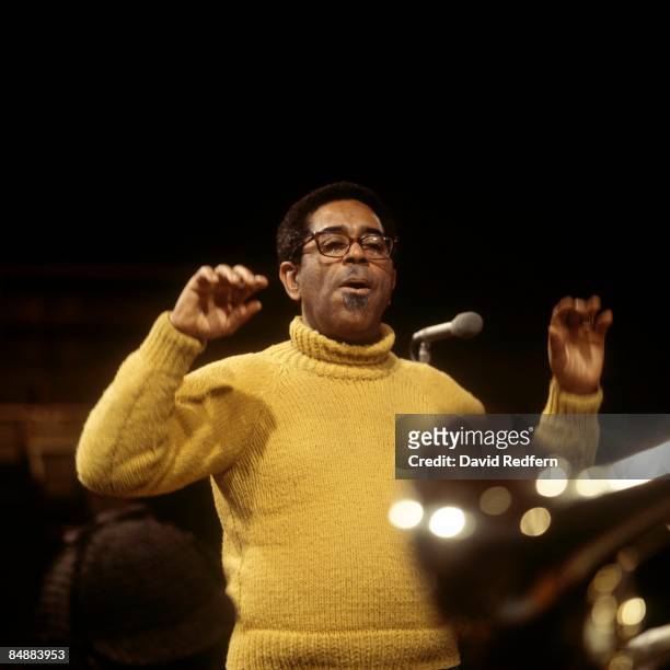 American trumpeter Dizzy Gillespie in rehearsal with his big band reunion during the recording of the BBC Television show 'Jazz at the Maltings' at...