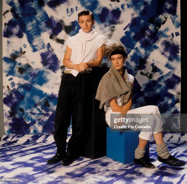 Photo of SEONA DANCING posed in a studio in London in August 1983. Left to Right: Ricky Gervais, Bill Macrae