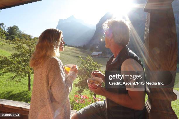 couple enjoy view from mountain chalet veranda - chalet mountain foto e immagini stock