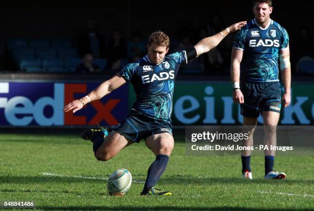 Cardiff Blues' Leigh Halfpenny kicks a penalty against Toulon during the Heineken Cup match at Cardiff Arms Park, Cardiff.