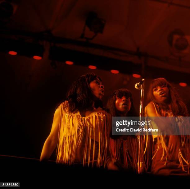 American backing singers The Ikettes perform live on stage with the Ike & Tina Turner Revue at the 1970 Newport Jazz Festival in Newport, Rhode...