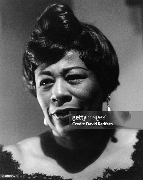 American jazz singer Ella Fitzgerald posed backstage at the Royal Festival Hall in London circa 1963.