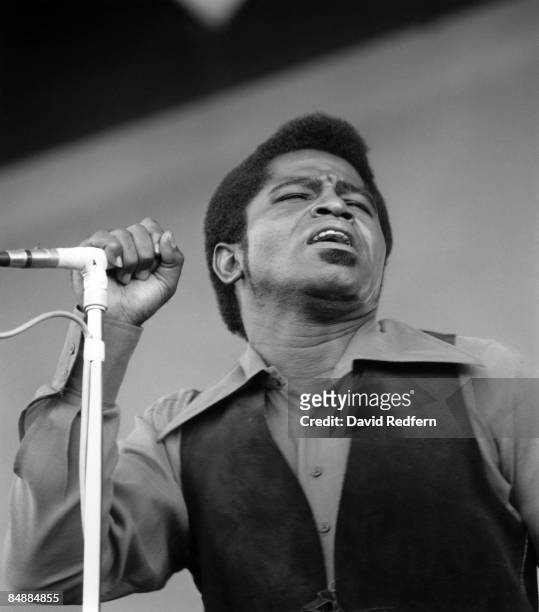 American soul singer and songwriter James Brown performs live on stage at the Newport Jazz Festival in Newport, Rhode Island on the afternoon of 6th...