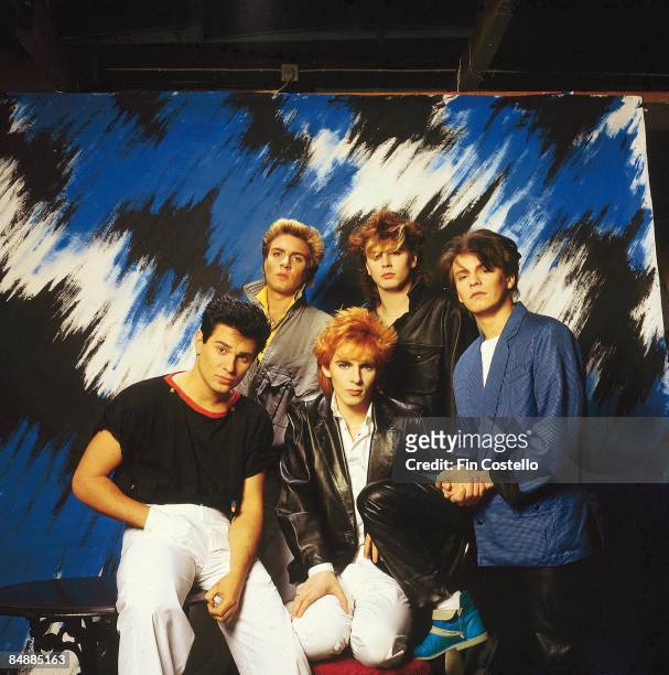 Photo of DURAN DURAN; L-R: Roger Taylor, Simon Le Bon, Nick Rhodes, John Taylor, Andy Taylor, posed, studio, group shot