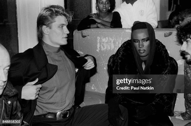 Actor Dolph Lundgren and singer and actress Grace Jones at the Limelight in Chicago, Illinois, November 25, 1985.