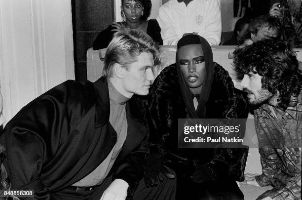 Actor Dolph Lundgren and singer and actress Grace Jones at the Limelight in Chicago, Illinois, November 25, 1985.