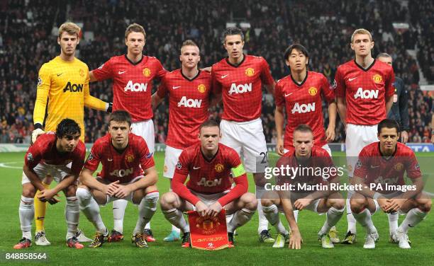 Manchester United line up before the UEFA Champions League match at Old Trafford, Manchester.