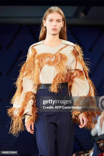 Models present creations from Serbian designer Roksanda Ilincic during a catwalk show for the Spring/Summer 2018 collection on the fourth day of The...