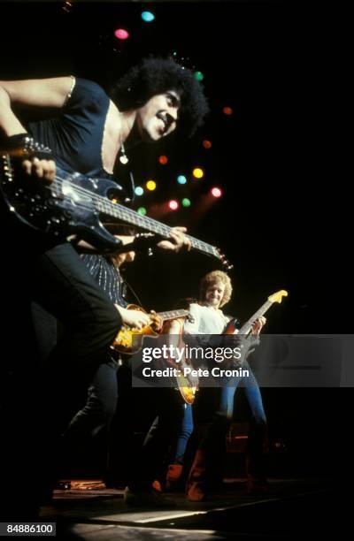 Photo of Eric BELL and Phil LYNOTT and THIN LIZZY, L-R: Phil Lynott, Scott Gorham , Brian Robertson , Eric Bell performing live onstage