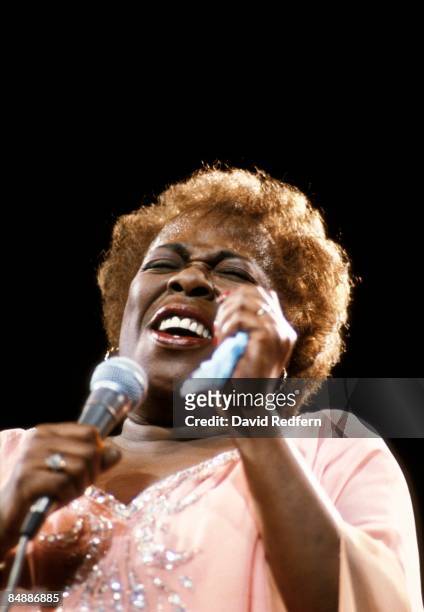 American jazz singer Sarah Vaughan performs live on stage during the Silk Cut Festival of Jazz at the Barbican in London circa 1980.
