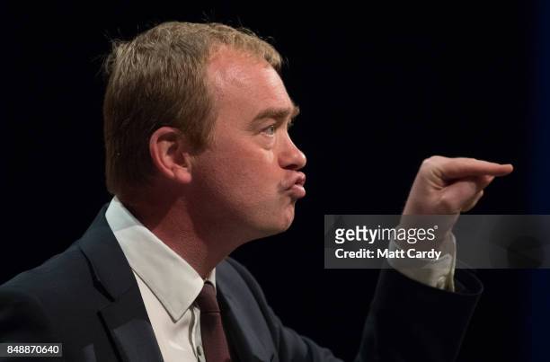 Liberal Democrat MP and former leader of the party Tim Farron speaks to delegates at the Bournemouth International Centre on September 18, 2017 in...