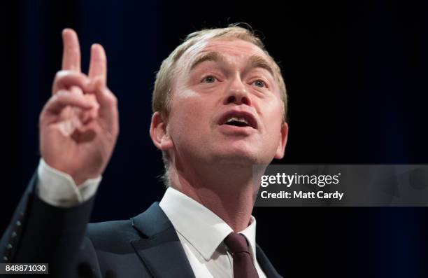 Liberal Democrat MP and former leader of the party Tim Farron speaks to delegates at the Bournemouth International Centre on September 18, 2017 in...