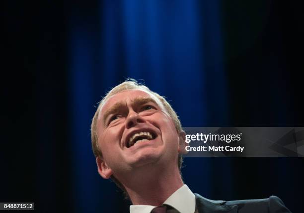 Liberal Democrat MP and former leader of the party Tim Farron speaks to delegates at the Bournemouth International Centre on September 18, 2017 in...