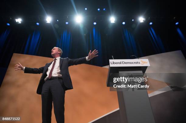 Liberal Democrat MP and former leader of the party Tim Farron speaks to delegates at the Bournemouth International Centre on September 18, 2017 in...