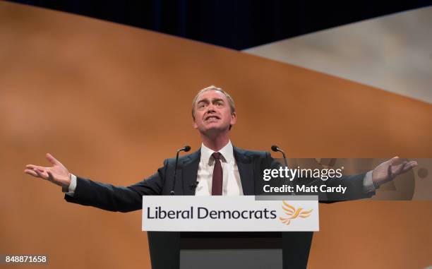 Liberal Democrat MP and former leader of the party Tim Farron speaks to delegates at the Bournemouth International Centre on September 18, 2017 in...