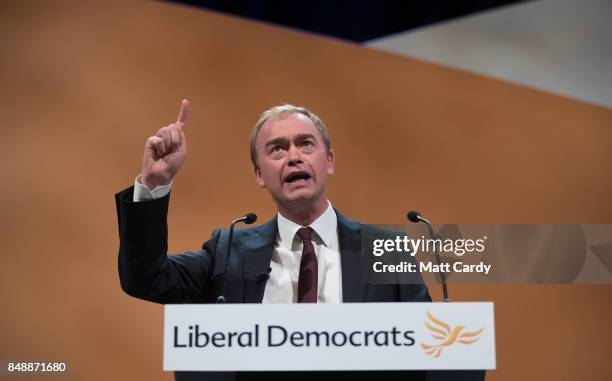 Liberal Democrat MP and former leader of the party Tim Farron speaks to delegates at the Bournemouth International Centre on September 18, 2017 in...