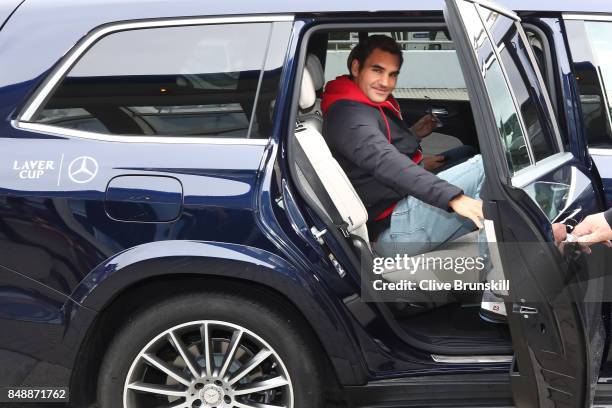 Roger Federer of Switzerland arrives at Vaclav Havel Airport Prague ahead of the Laver Cup on September 18, 2017 in Prague, Czech Republic. The Laver...