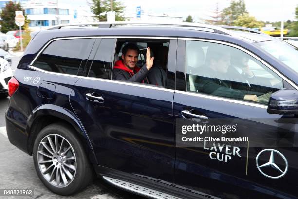 Roger Federer of Switzerland departs Vaclav Havel Airport Prague ahead of the Laver Cup on September 18, 2017 in Prague, Czech Republic. The Laver...