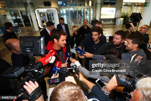 Roger Federer of Switzerland arrives at Vaclav Havel Airport Prague ahead of the Laver Cup on September 18, 2017 in Prague, Czech Republic. The Laver...