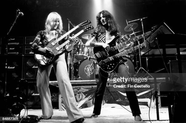 Photo of Geddy LEE and Alex LIFESON and RUSH, L-R: Alex Lifeson , Geddy Lee performing live onstage on All The World's A Stage tour