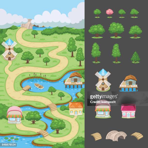 ilustrações, clipart, desenhos animados e ícones de zona rural - mapa para os jogos - ranch