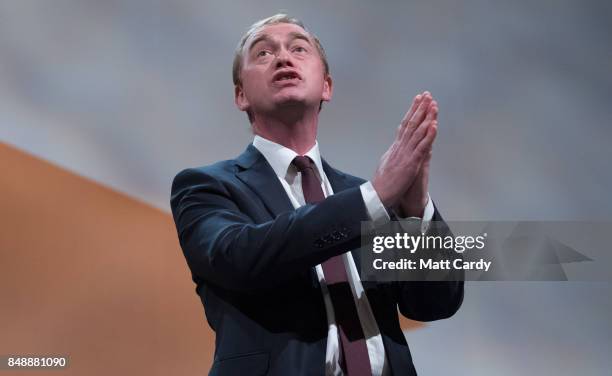 Liberal Democrat MP and former leader Tim Farron speaks to delegates at the Bournemouth International Centre on September 18, 2017 in Bournemouth,...