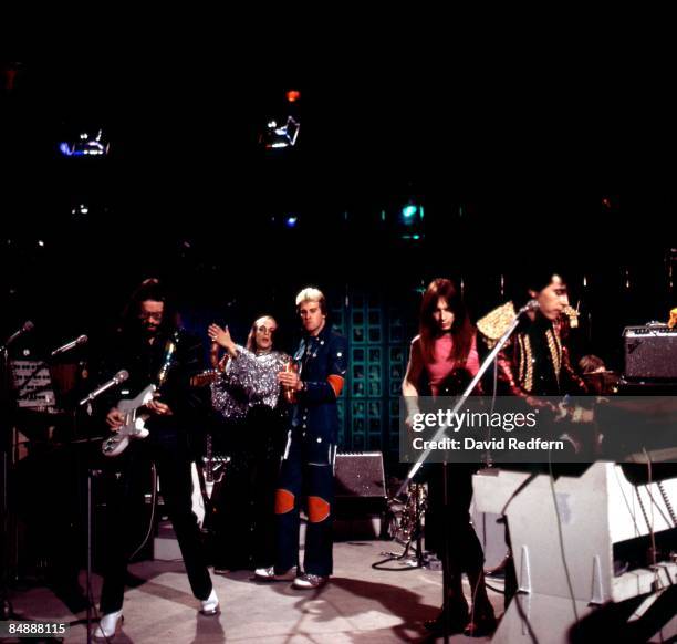 Photo of ROXY MUSIC; L-R: Phil Manzanera, Brian Eno, Andy Mackay, Rik Kenton, Bryan Ferry performing live on BBC TV Show 'Full House'