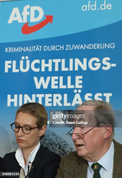 Alice Weidel and Alexander Gauland, co-lead candidates of the right-wing, populist Alternative for Germany political party, arrive to speak on Islam,...