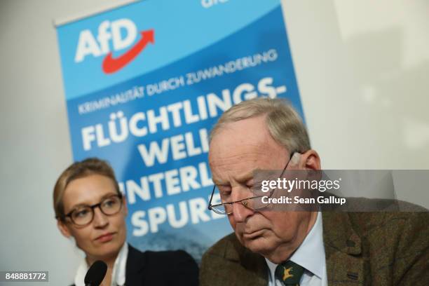 Alice Weidel and Alexander Gauland, co-lead candidates of the right-wing, populist Alternative for Germany political party, arrive to speak on Islam,...