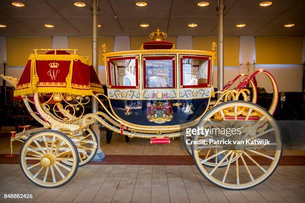The Glass Coach is prepared at the Royal Stables on September 18, 2017 in The Hague, Netherlands. The Glass coach will bring the King and Queen of...