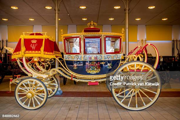 The Glass Coach is prepared at the Royal Stables on September 18, 2017 in The Hague, Netherlands. The Glass coach will bring the King and Queen of...
