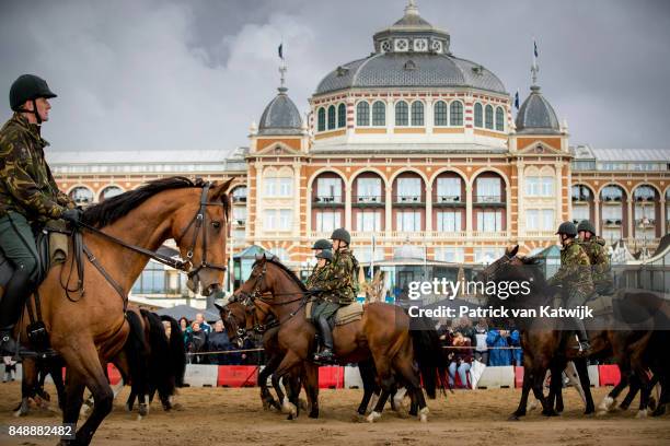 Horses of the Cavalry honorary escort are tested with noise, music and smoke during a training session the day before Prinsjesdag on September 18,...