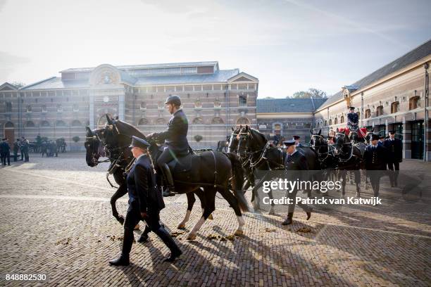 Test ride of the Royal horses at the Royal Stables on September 18, 2017 in The Hague, Netherlands. The horses will escort the King and Queen of The...