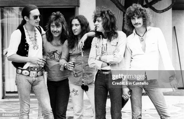 Photo of David BYRON and URIAH HEEP and Ken HENSLEY and Lee KERSLAKE and Mick BOX and Gary THAIN; Posed group portrait L-R Ken Hensley, Lee Kerslake,...