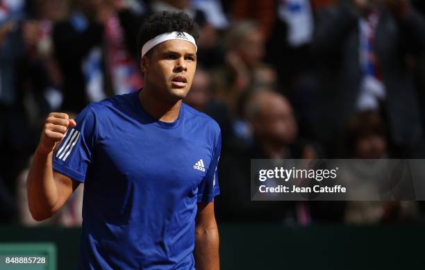 Jo-Wilfried Tsonga of France in action on day three of the Davis Cup World Group tie between France and Serbia at Stade Pierre Mauroy on September...