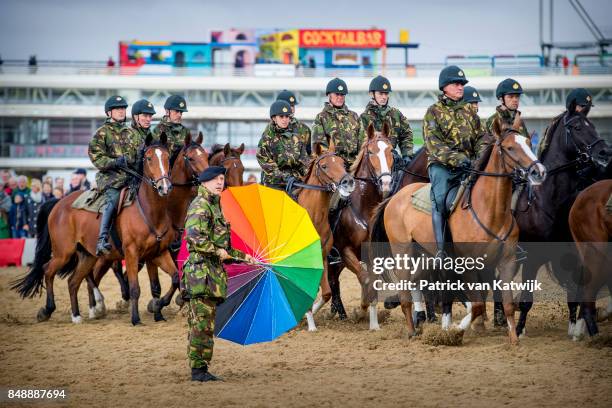 Horses of the Cavalry Honorary Escort practice with noise, music and smoke a day before Prinsjesdag on September 18, 2017 in The Hague, Netherlands....