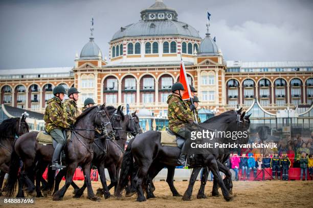 Horses of the Cavalry Honorary Escort practice with noise, music and smoke a day before Prinsjesdag on September 18, 2017 in The Hague, Netherlands....