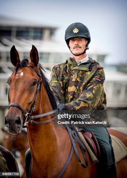 Horses of the Cavalry Honorary Escort practice with noise, music and smoke a day before Prinsjesdag on September 18, 2017 in The Hague, Netherlands....
