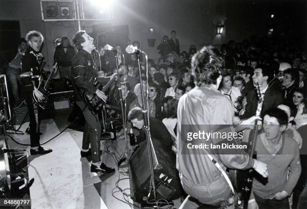 Photo of Joe STRUMMER and Shane MacGOWAN and Paul SIMONON and Mick JONES and CLASH; Paul Simonon, Joe Strummer and Mick Jones performing live...