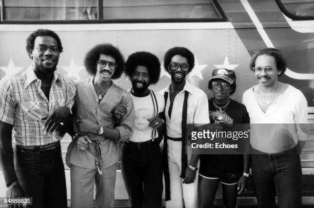 Photo of Lionel RICHIE and COMMODORES; Lionel Richie second left, posed, group portrait