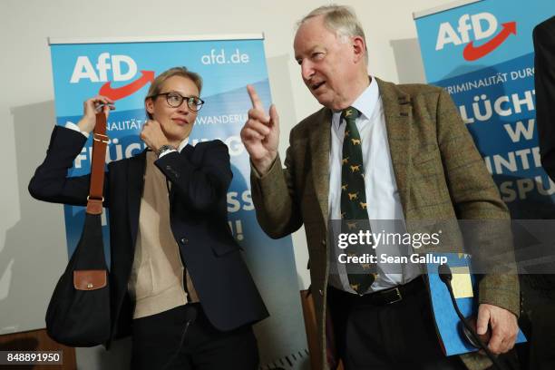 Alice Weidel and Alexander Gauland, co-lead candidates of the right-wing, populist Alternative for Germany political party, departs after speaking to...