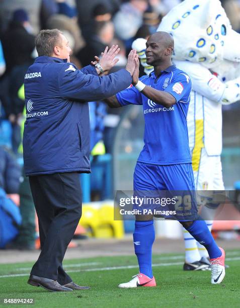 Birmingham City's manager Lee Clark congratulates Leroy Lita on scoring the winning goal during the npower Championship match at Elland Road, Leeds.