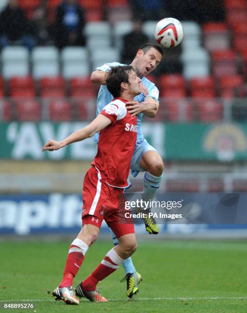 Coventry City's Richard Wood in action with Leyton Orient's Gary Sawyer during the npower League One match at Brisbane Road, London.
