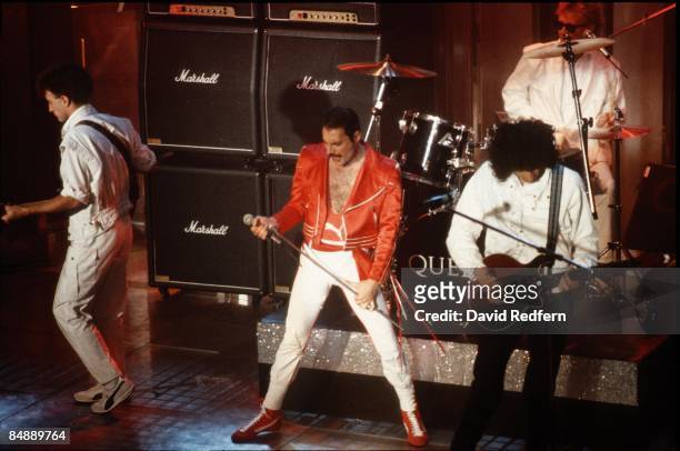 English rock group Queen perform live on stage at the Golden Rose Pop Festival in Montreux, Switzerland on 12th May 1984. Members of the band are,...